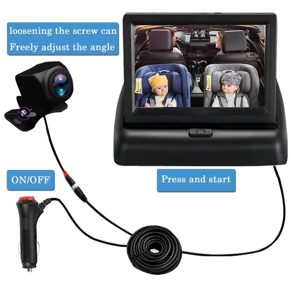 Black car seat baby monitor display with built-in camera and power adapter showing two children in car seats