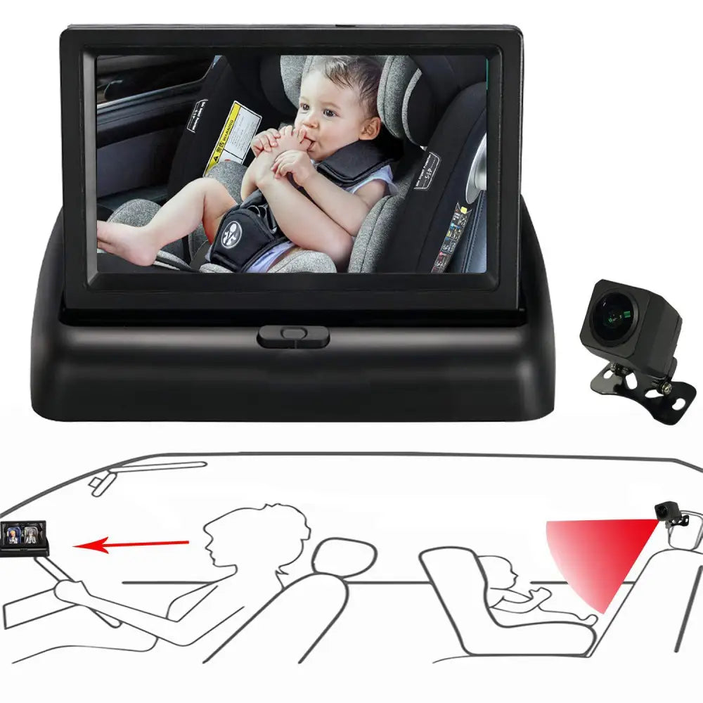 Black car seat baby monitor display with small camera showing baby in safety harness for secure monitoring
