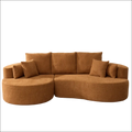 Caramel fabric cloud curved sectional sofa with warm plush fabric and matching throw pillows for cozy seating