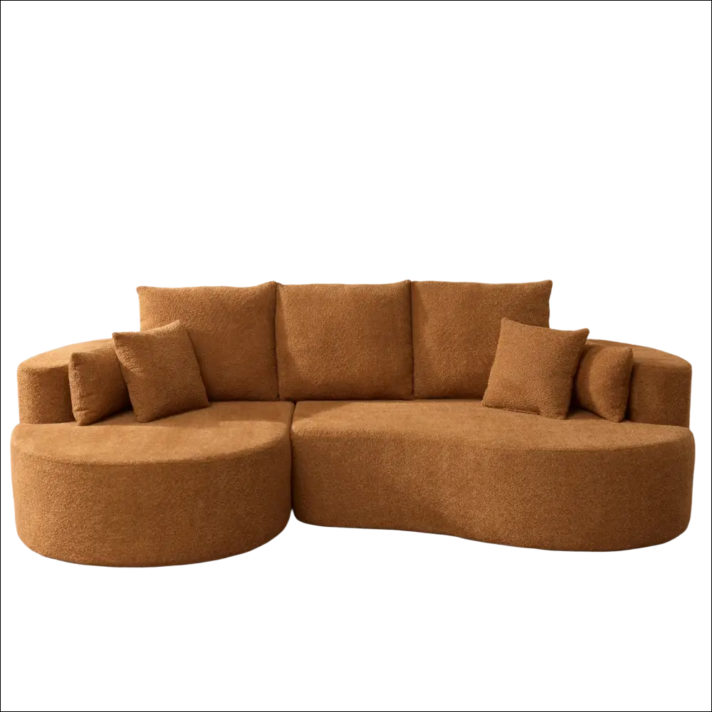 Caramel fabric cloud curved sectional sofa with warm plush fabric and matching throw pillows for cozy seating