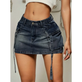 Dark blue denim skirt with cargo pockets side pockets and a matching tie belt in a long denim skirt style