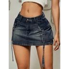 Dark blue denim skirt with cargo pockets side pockets and a matching tie belt in a long denim skirt style
