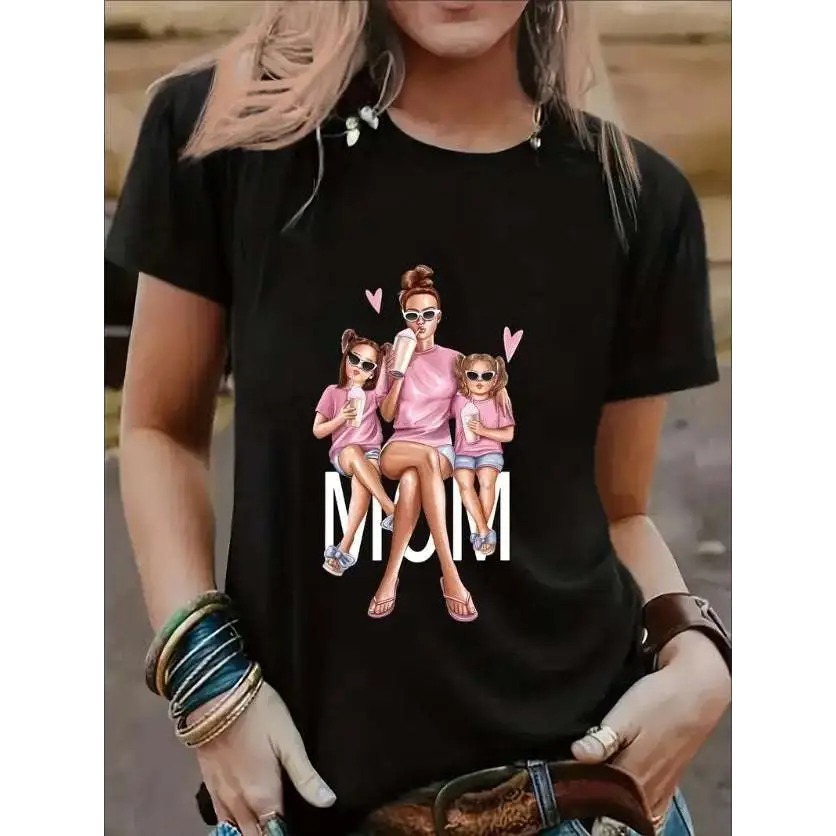 Black short-sleeved cotton t-shirt featuring a colorful cartoon mom and girls graphic with mom printed below