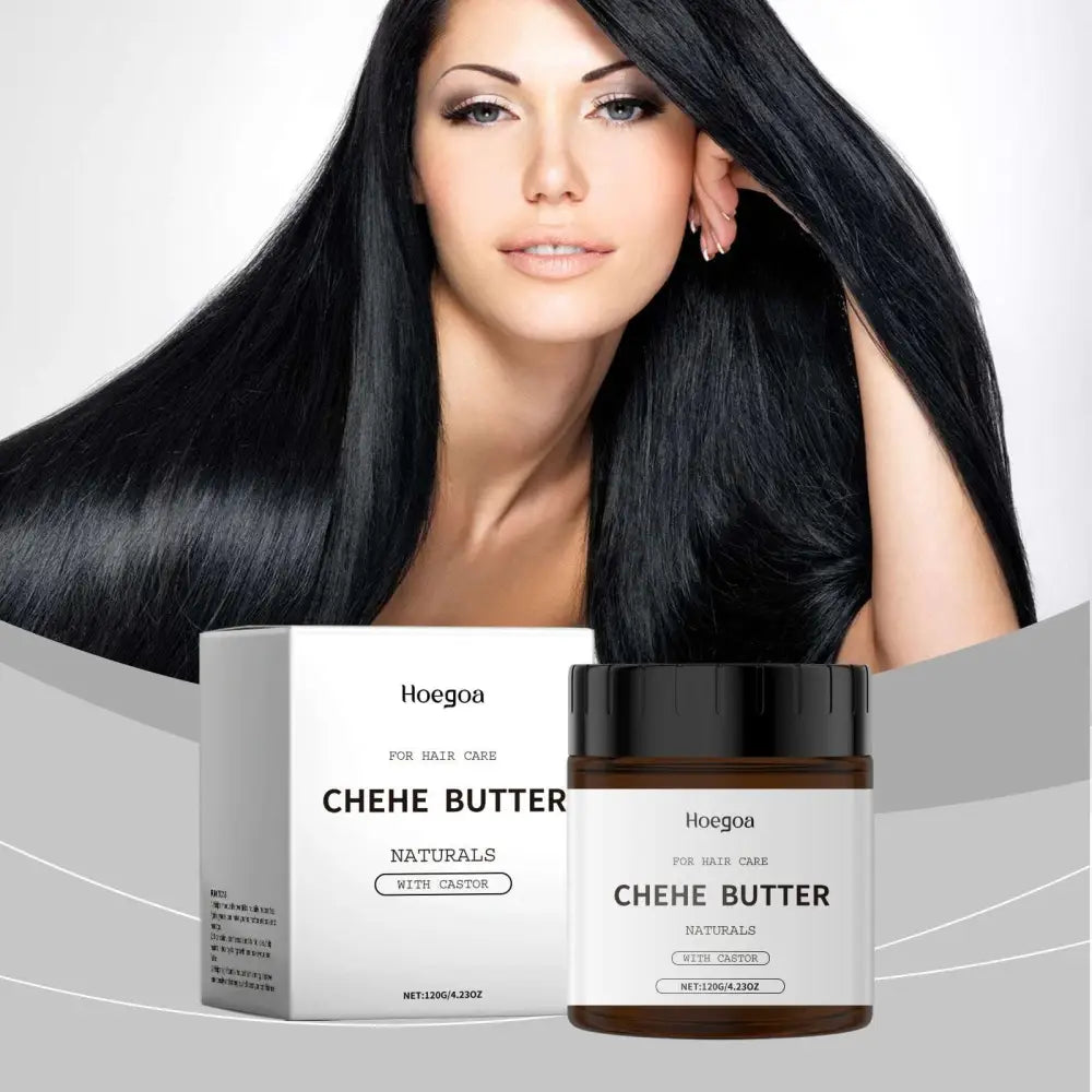 Hoegoa chehe castor oil hair mask nourishing treatment in a brown jar with black lid and matching box visible