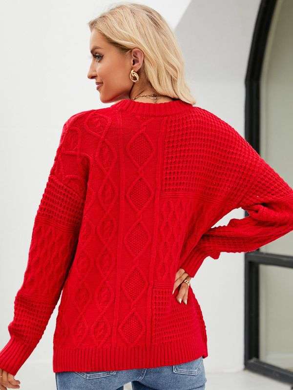 Casual Round - neck Pullover Sweater Fall Winter Solid Color Cable - knot Pattern Tops Women Clothing - Royalessencelux