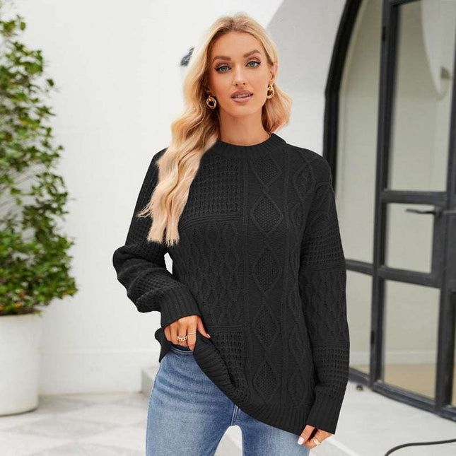 Casual Round - neck Pullover Sweater Fall Winter Solid Color Cable - knot Pattern Tops Women Clothing - Royalessencelux
