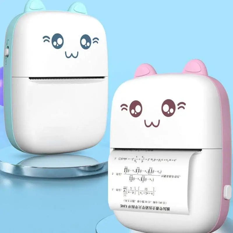 Cute white cat ear mini printer portable bluetooth labeler with pastel blue and pink accents and smiling face
