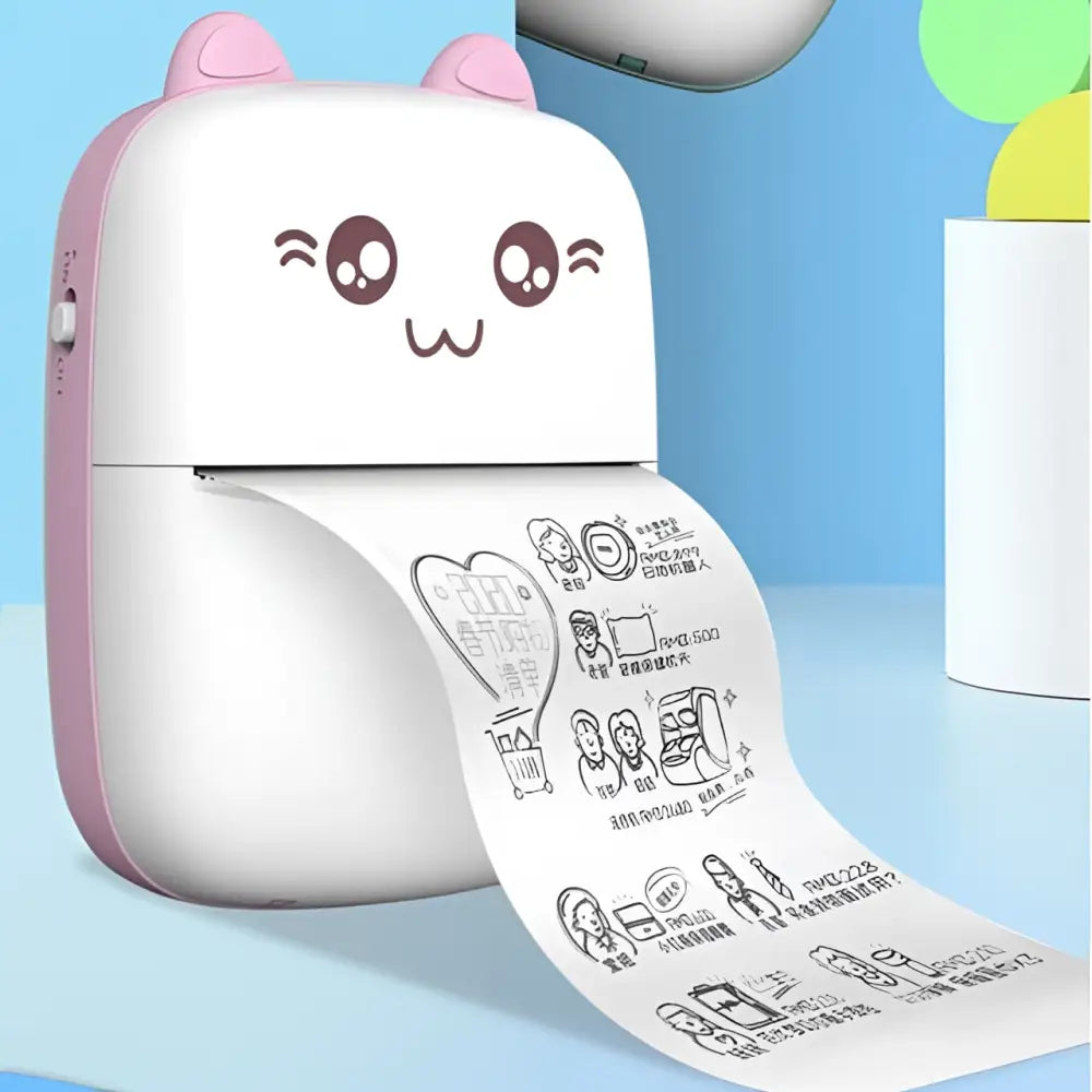 Cute white and pink cat ear mini printer portable bluetooth labeler with cartoon eyes and ears for on-the-go printing
