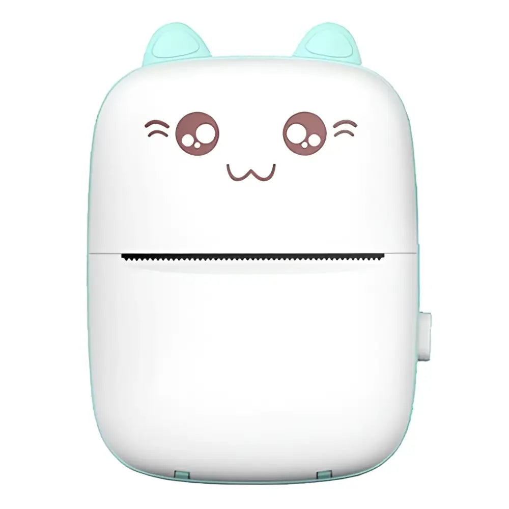 White and light blue cat ear mini printer portable bluetooth labeler with cute cartoon face design