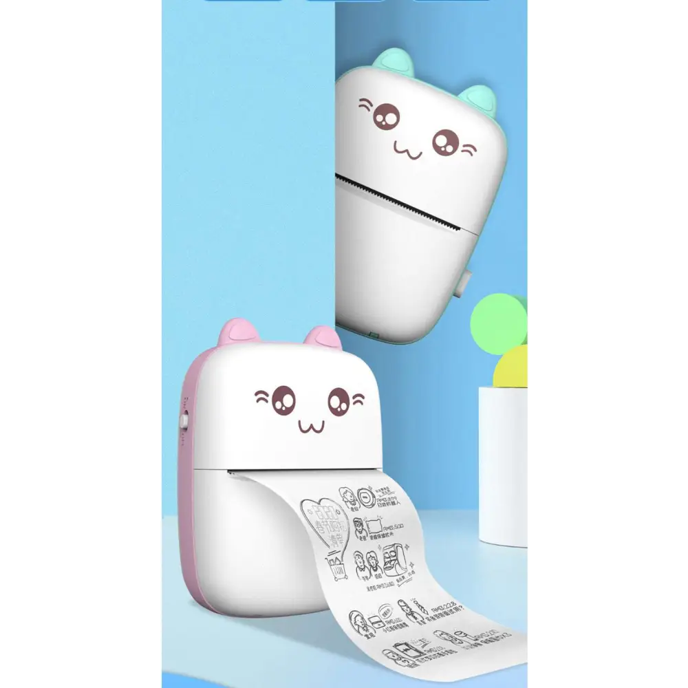 White and pink cat ear mini portable bluetooth printer labeler with cute cat face design for easy labeling tasks