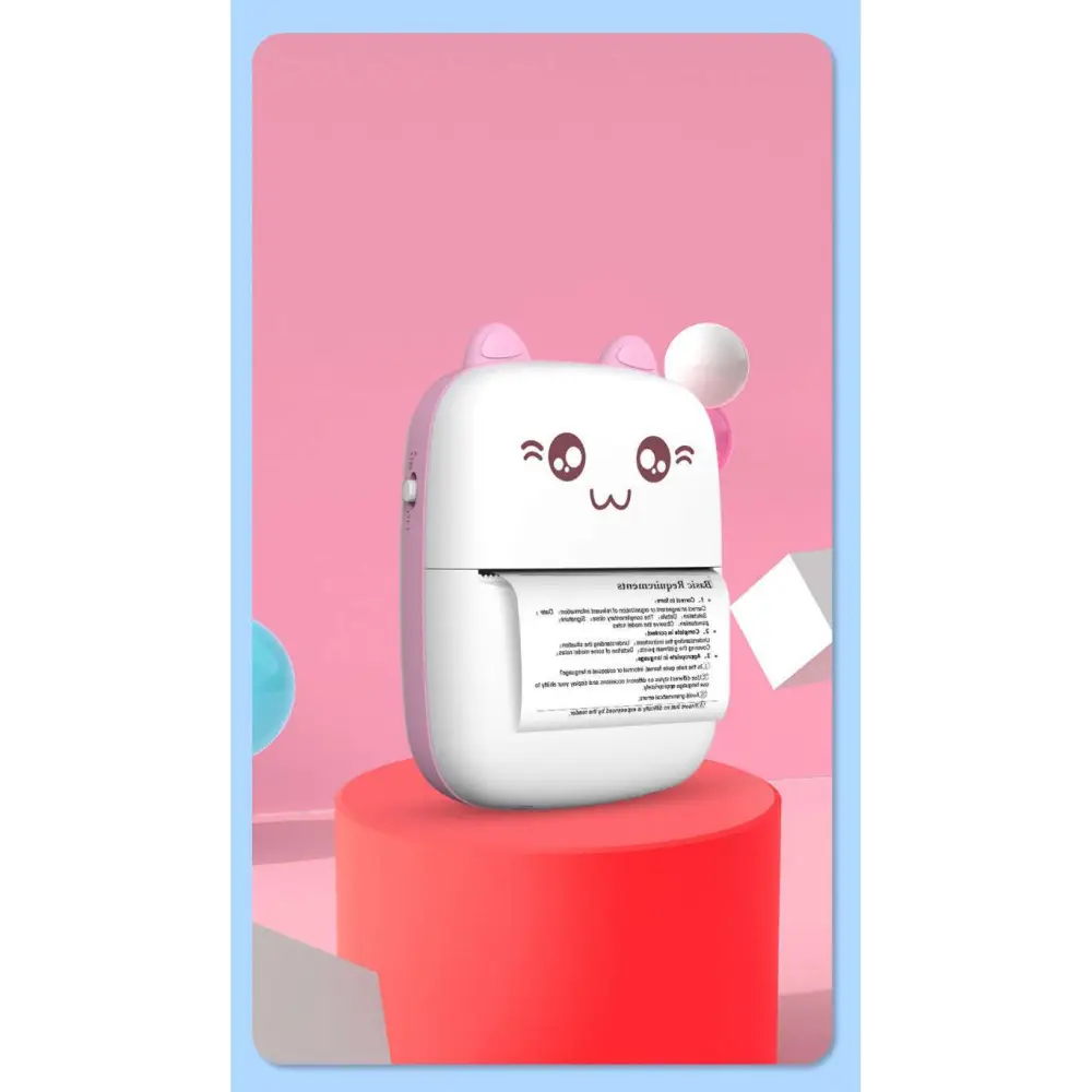 White cat-shaped cat ear mini printer portable bluetooth labeler with pink ears and cute face design for labels
