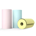 Three cylindrical rolls of pastel pink, light blue, and pale yellow paper for cat ear mini printer portable bluetooth labeler
