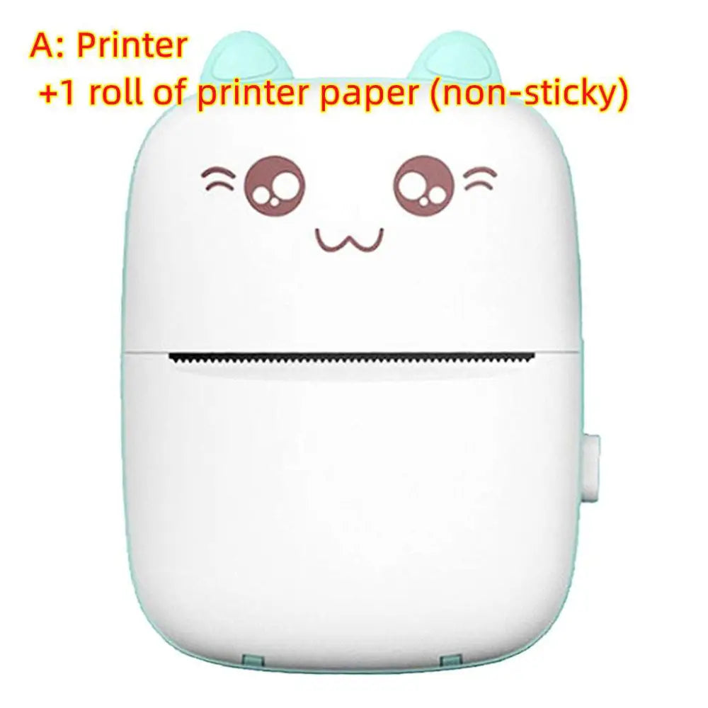 Cute white and light blue cat ear mini bluetooth labeler printer portable with cartoon eyes and ears design