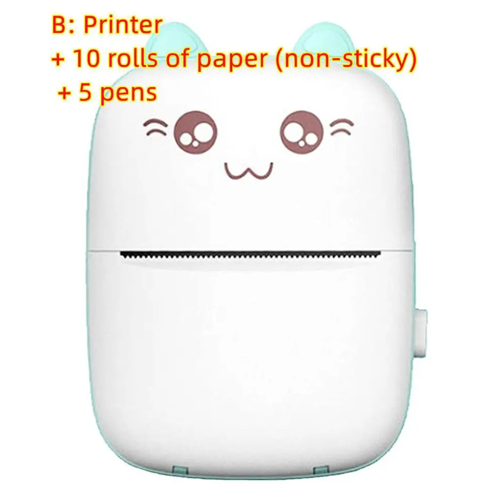Cute white and light blue cat ear mini printer portable bluetooth labeler with cartoon eyes and whiskers