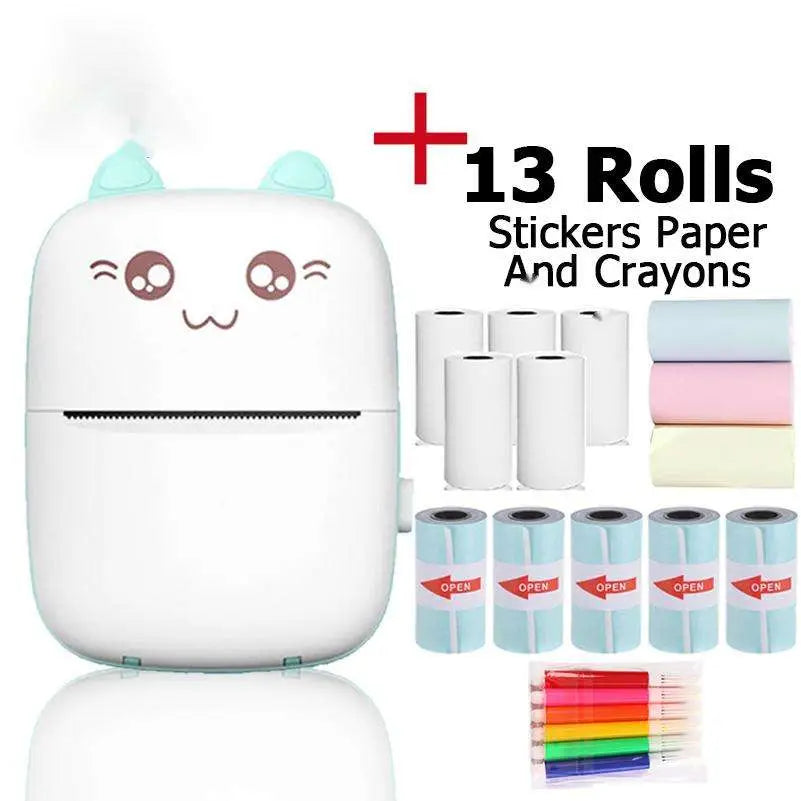 White cat ear mini printer portable bluetooth labeler with light blue ears and brown cartoon eyes for easy labeling