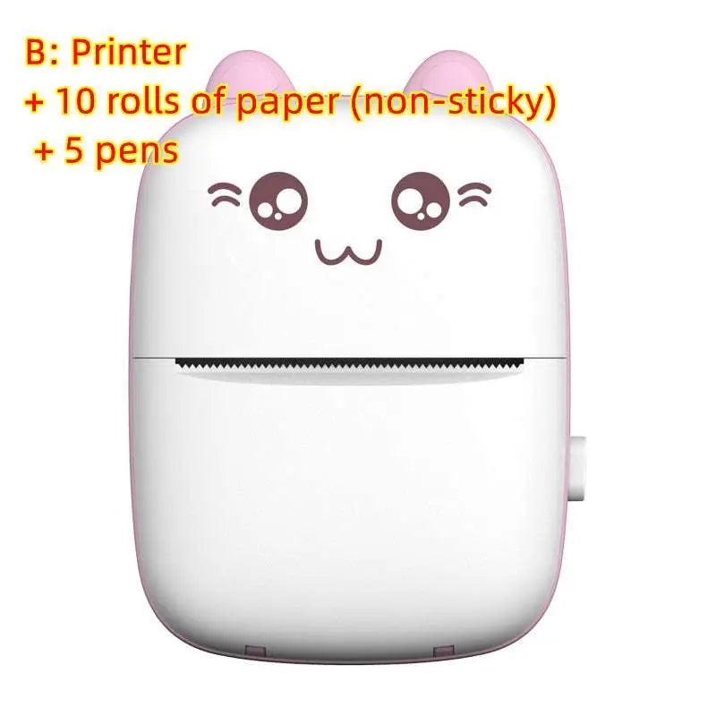 White and pink cat ear mini printer portable bluetooth labeler with cat-shaped design and cute cartoon face