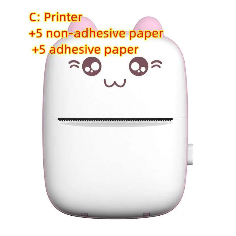 White and pink cat ear mini printer portable bluetooth labeler with cute cartoon cat face design