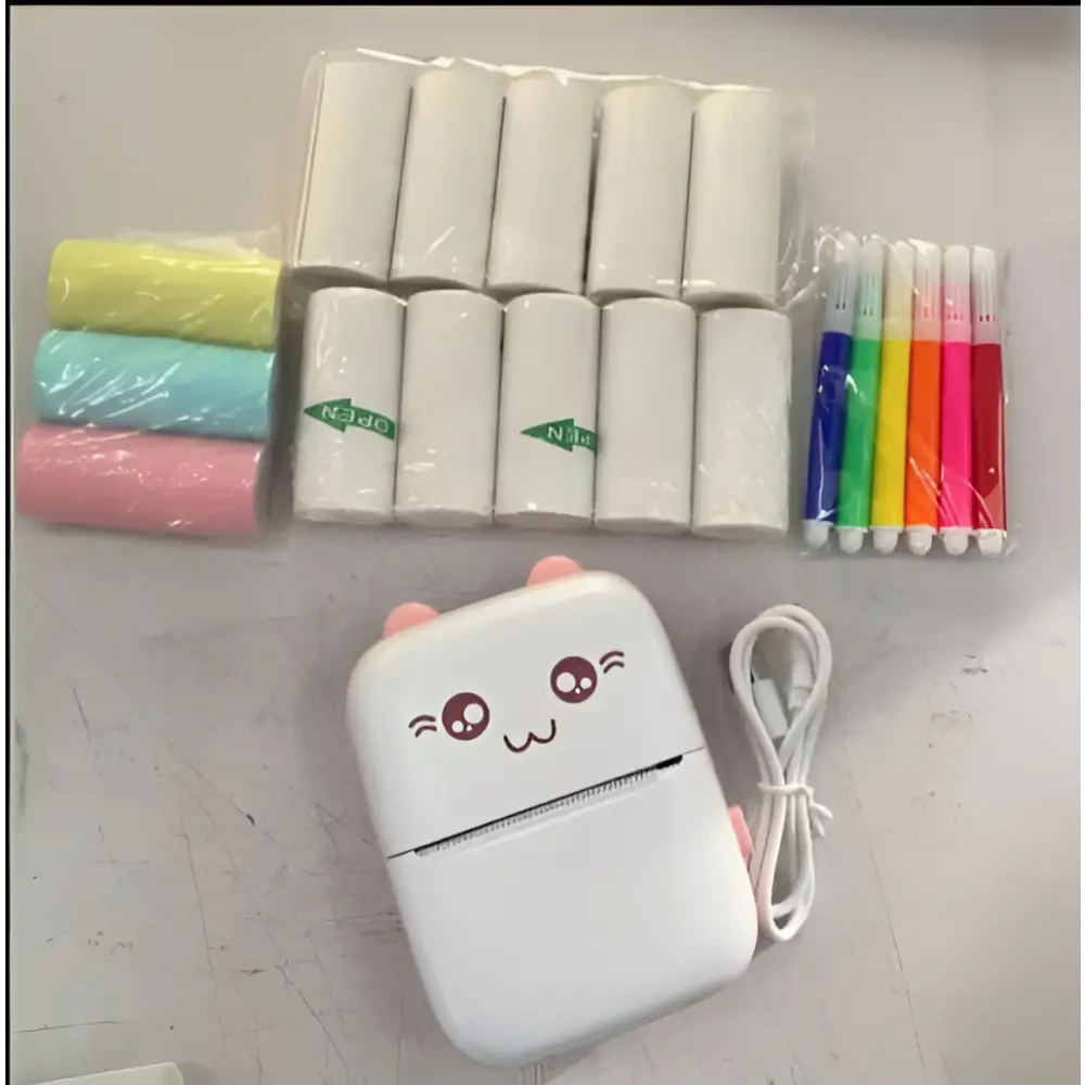 White cute cat ear mini printer portable bluetooth labeler with pink ears and smiling face for easy labeling