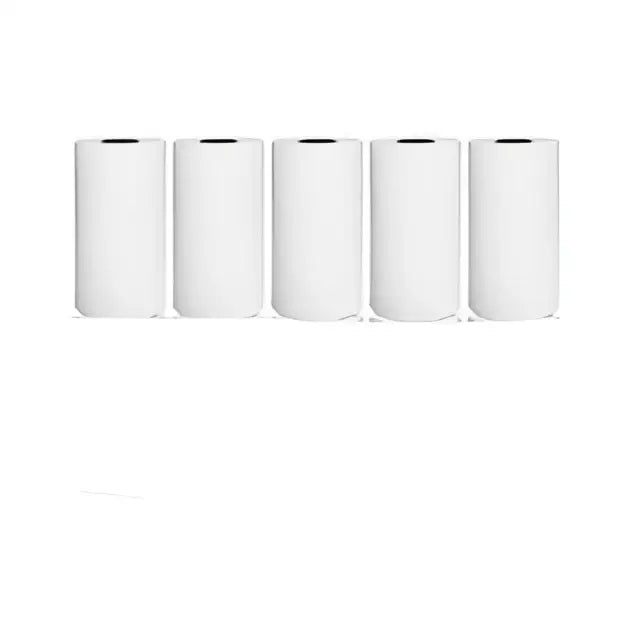 Six white cylindrical paper rolls for cat ear mini printer portable bluetooth labeler with bluetooth labeler feature