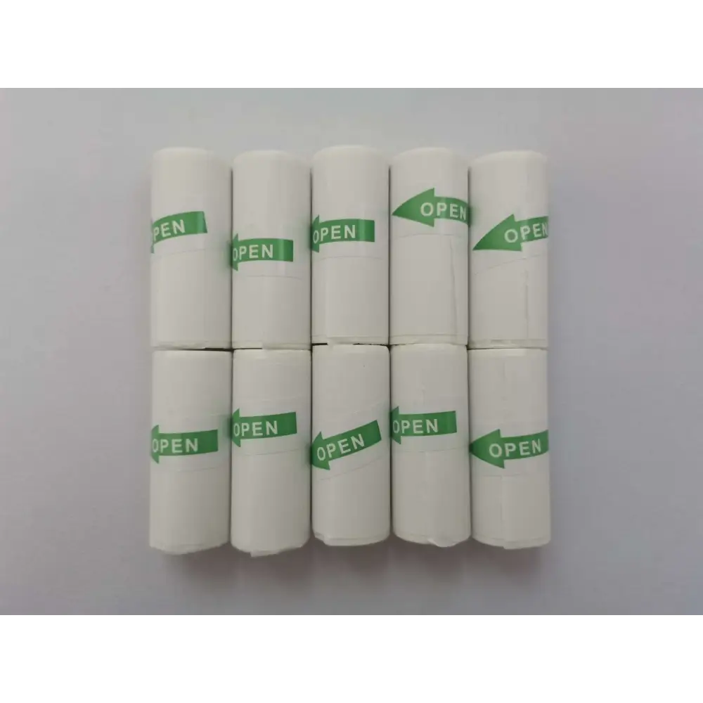 White plastic trash bags with green open labels printed by cat ear mini printer portable bluetooth labeler
