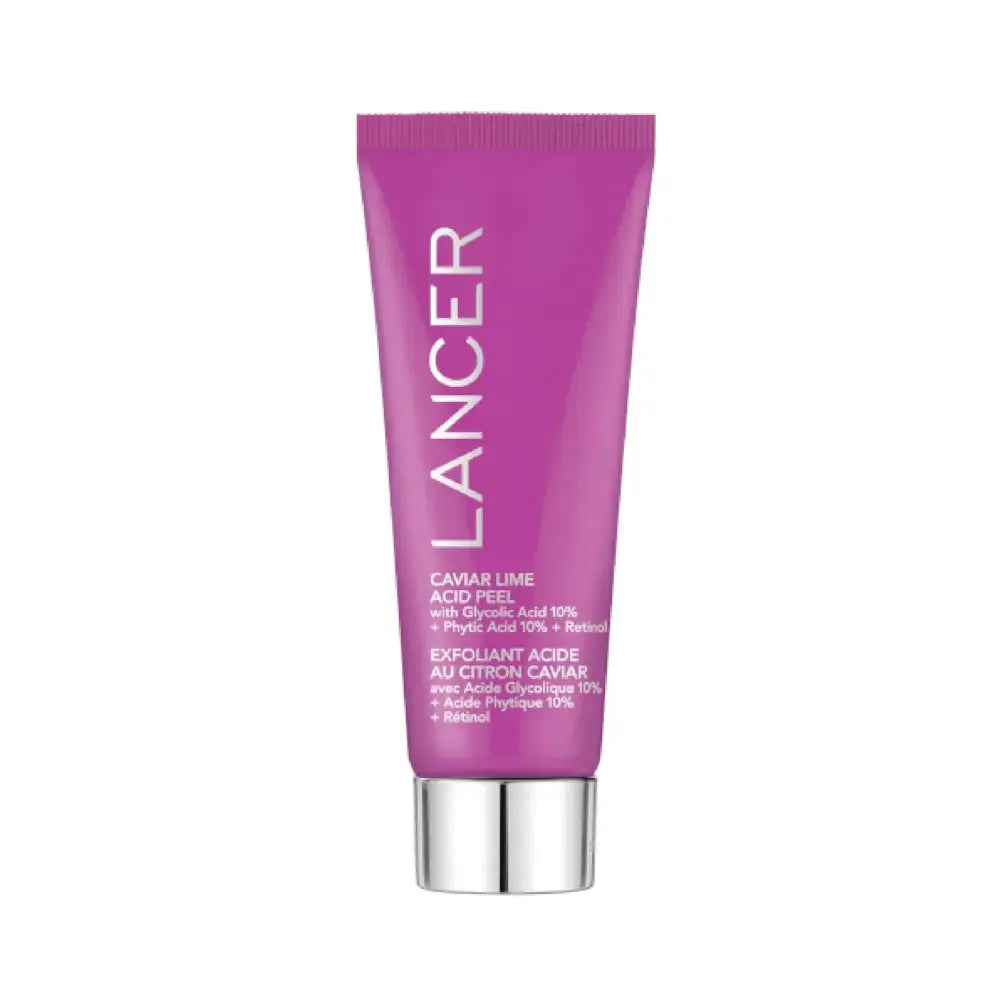 A vibrant magenta tube of lancer caviar lime acid peel with a sleek silver cap for gentle acid peel treatment