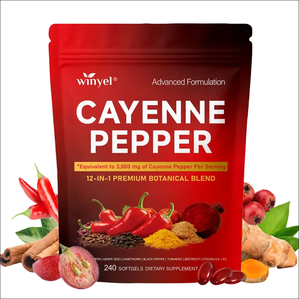 Red winyel cayenne pepper hawthorn berry softgels pouch featuring 12-in-1 premium botanical blend with ceylon cinnamon