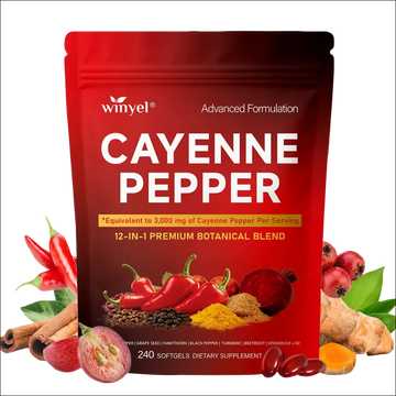 Red winyel cayenne pepper hawthorn berry softgels pouch featuring 12-in-1 premium botanical blend with ceylon cinnamon