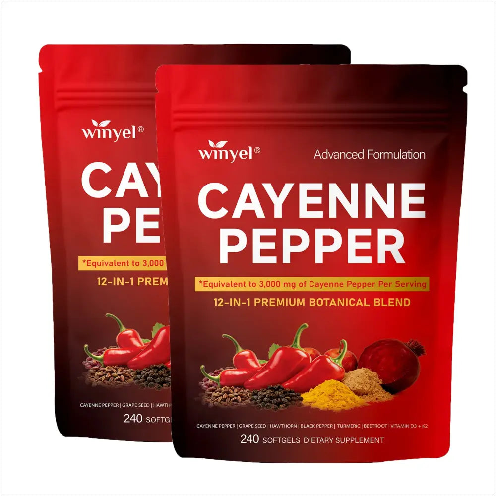 Red resealable pouch of cayenne pepper hawthorn berry ceylon cinnamon softgels 12-in-1 premium botanical blend dietary supplement containing 240 softgels