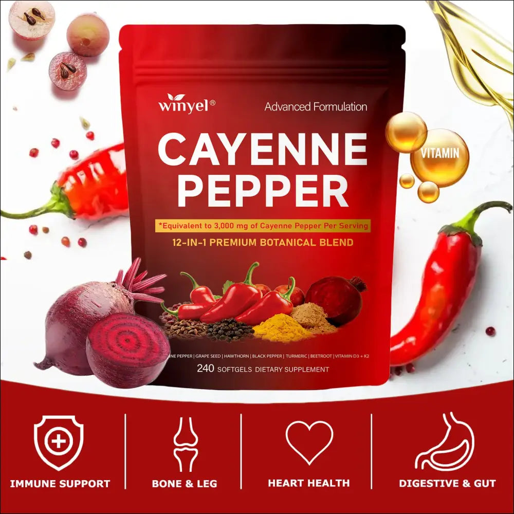 Red pouch of cayenne pepper hawthorn berry softgels featuring a 12-in-1 premium botanical blend including ceylon cinnamon