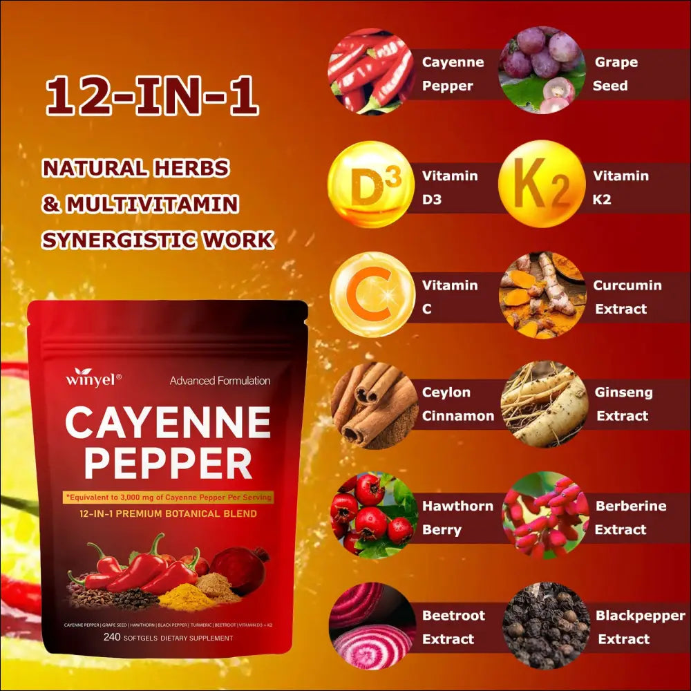 Red pouch of winyel cayenne pepper 12-in-1 botanical blend dietary supplement featuring cayenne pepper hawthorn berry and ceylon cinnamon