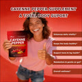 Red pouch of cayenne pepper hawthorn berry softgels supplement featuring vibrant label with peppers and ceylon cinnamon images