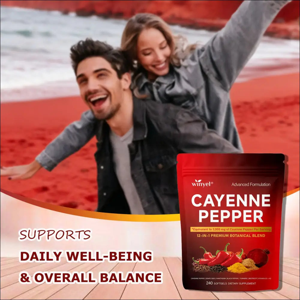Red pouch of cayenne pepper hawthorn berry softgels featuring 12-in-1 botanical blend with ceylon cinnamon and 240 softgels