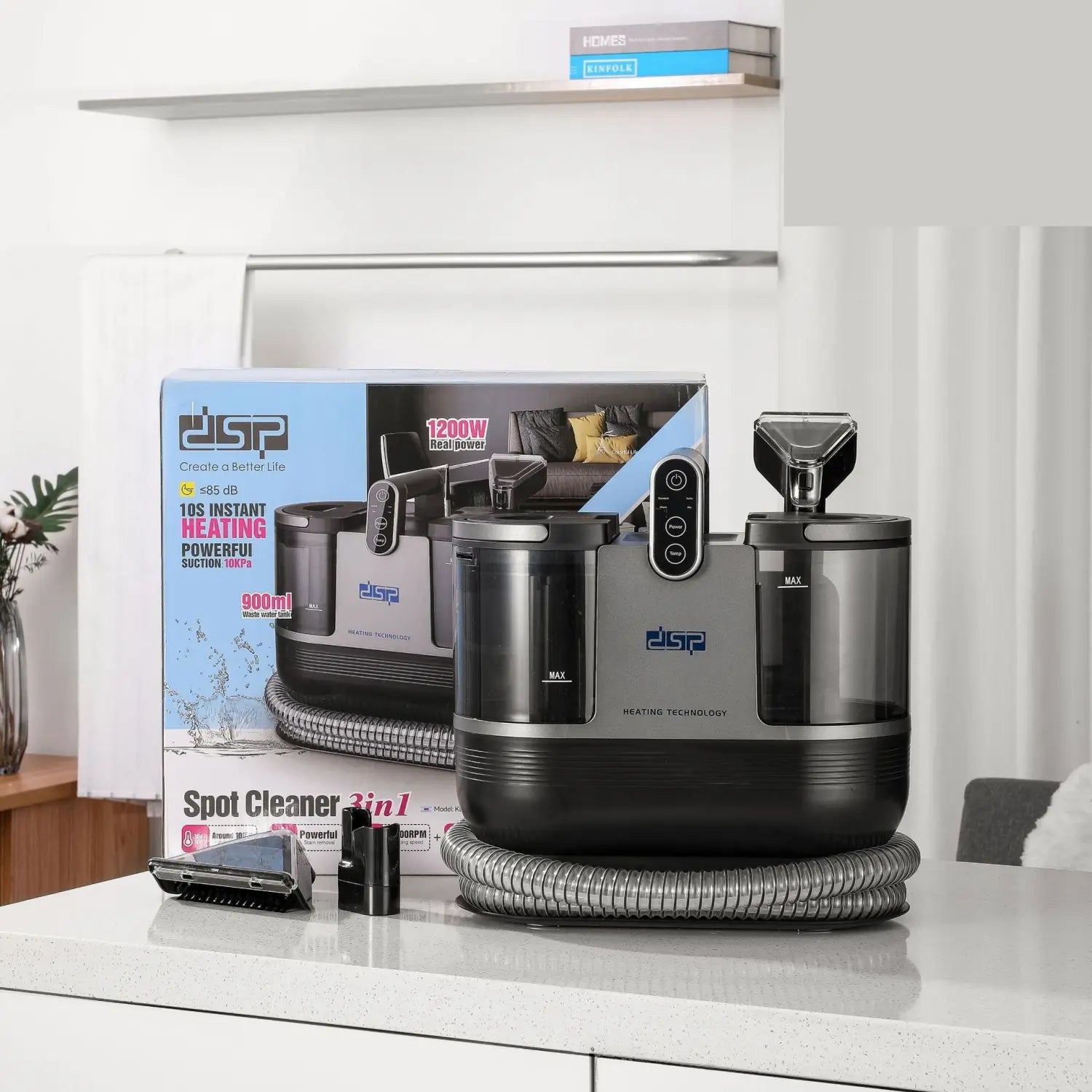 Black and silver 3in1 stain removal cleaner carpet sofa with hose featuring a 3-in-1 vacuum, coiled hose, multiple attachments, and digital controls.
