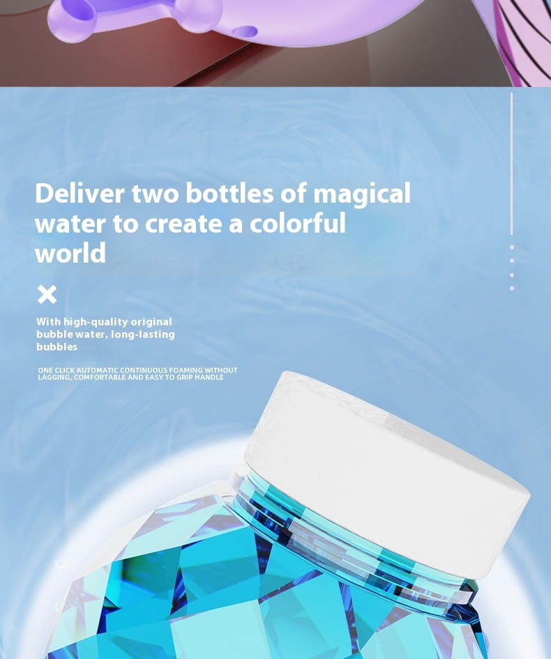 a translucent blue faceted plastic bottle with a white screw-on cap containing the purple butterfly fairy bubble stick for creating fairy bubbles