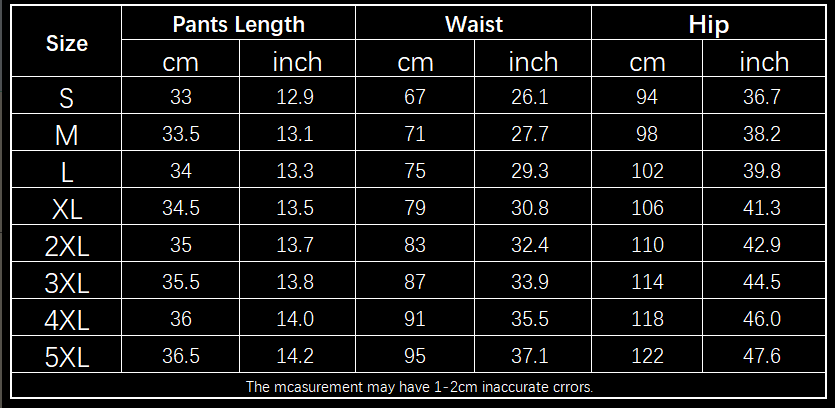 Size chart for y2k street vintage asymmetrical denim skorts skirt displaying measurements in centimeters and inches from size s to 5xl for accurate fitting.