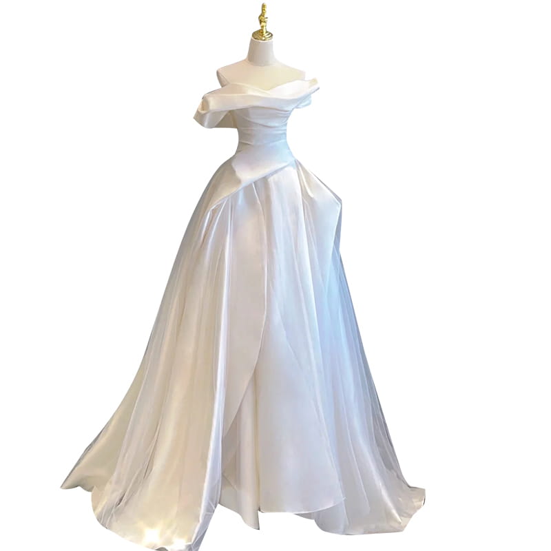 Elegant off-the-shoulder white satin gown featuring a fitted bodice and flowing skirt in temperament princess style french satin design.