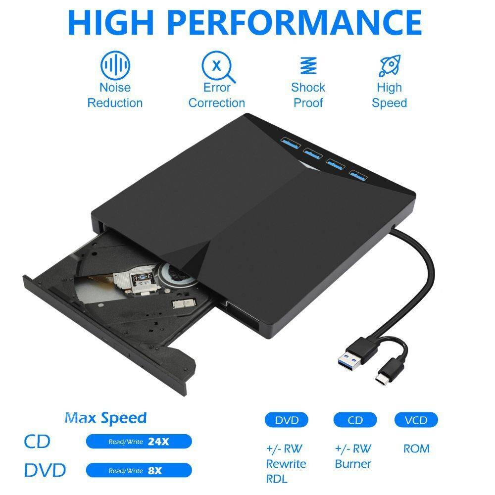 black external cd dvd drive usb with usb 3.0 connectivity, retractable tray for cd dvd vcv media, and multiple ports on the top surface