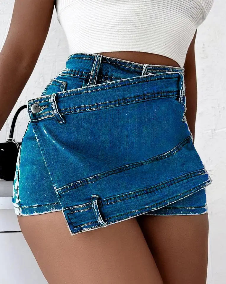 blue denim mini skirt with layered asymmetrical design and visible stitching details in y2k street vintage style street vintage denim skorts skirt