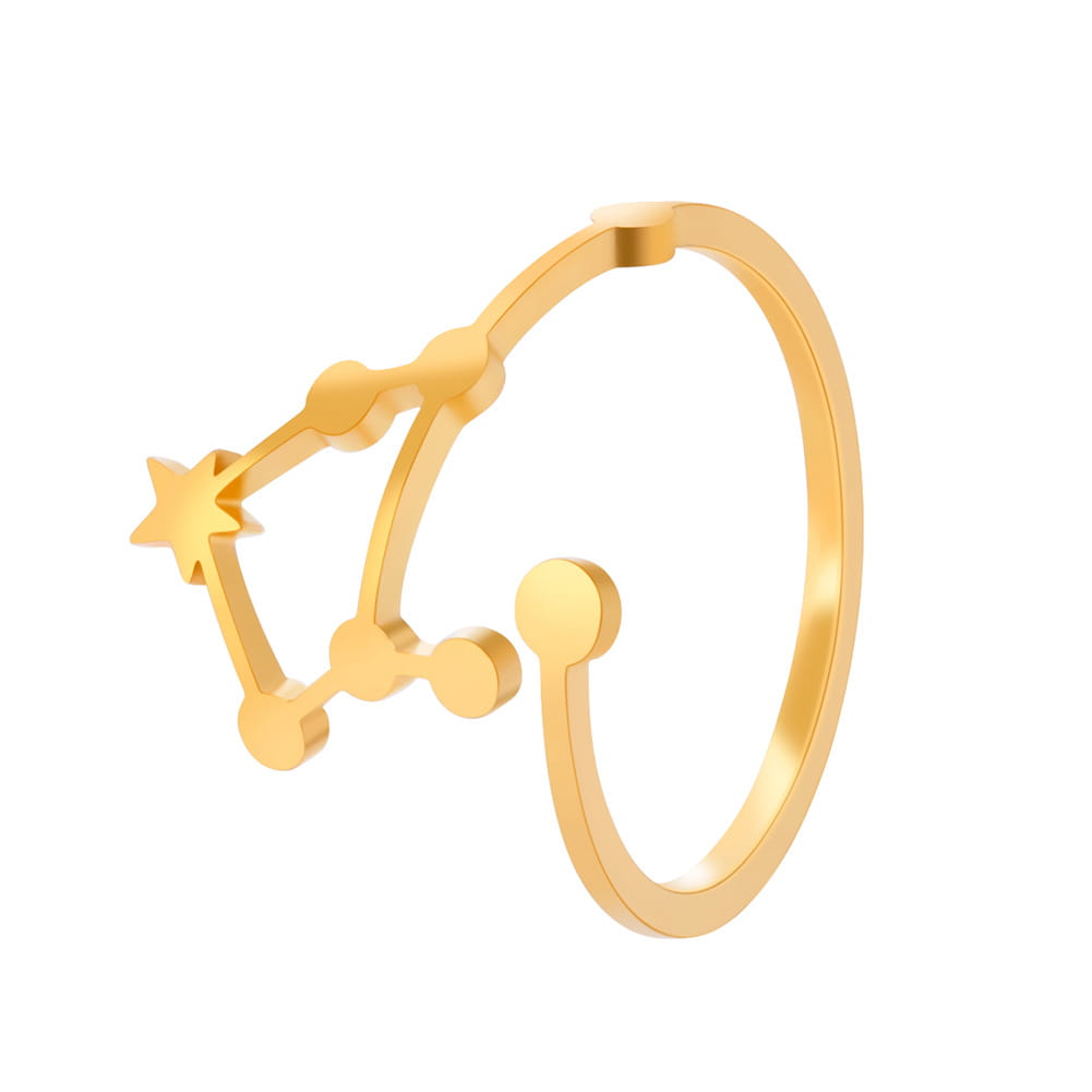Gold-toned personalized stainless steel adjustable ring with a delicate constellation design and connected star-shaped beads.