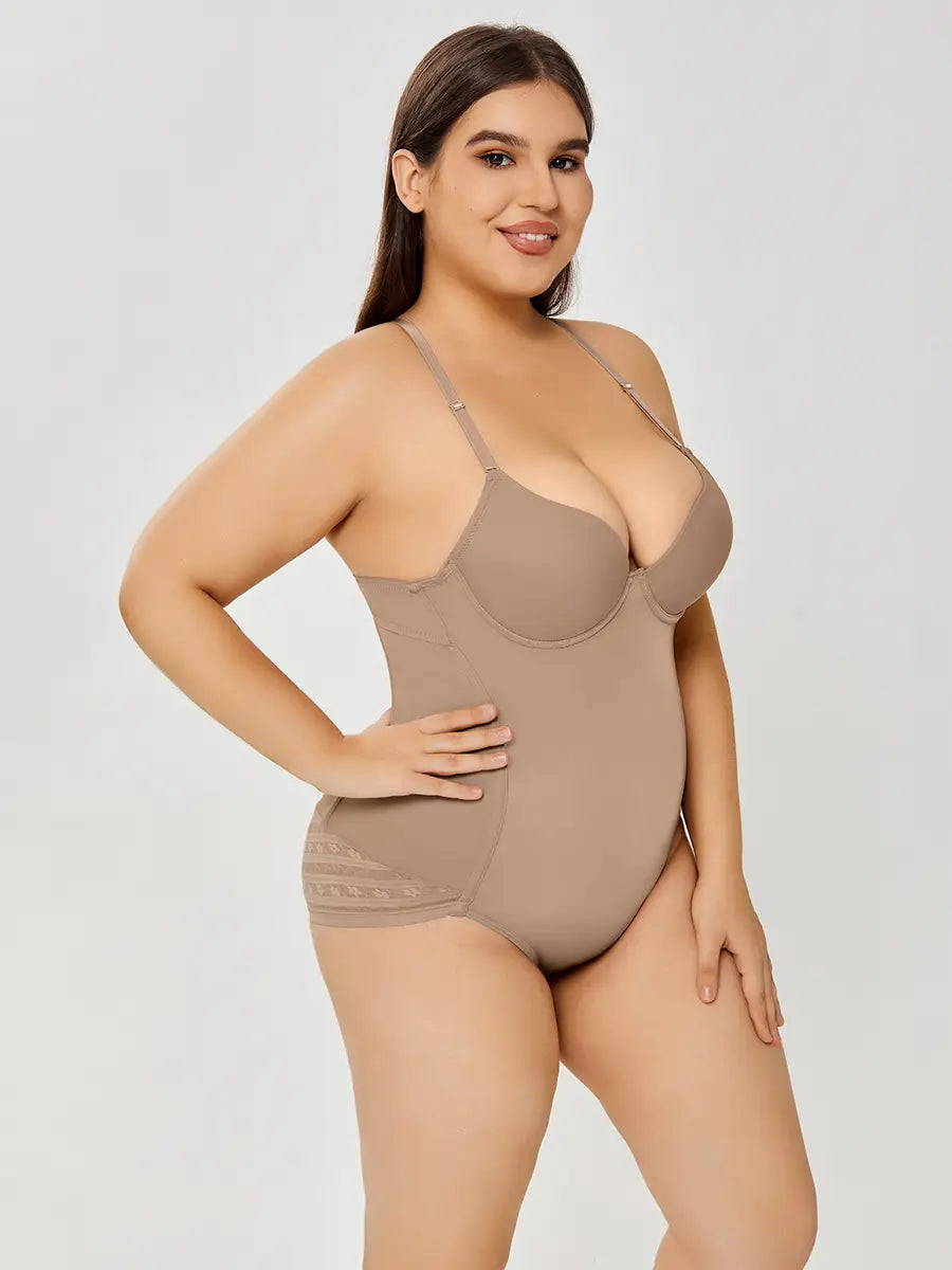 beige plus size ultra firm control body shaper bodysuit with thin straps and seamless design for firm control body shaping