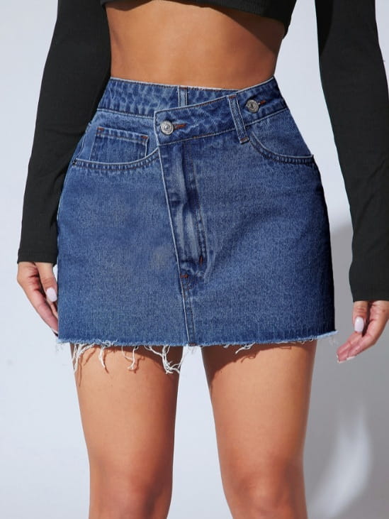 high waisted fashion irregular denim short skirt in blue featuring a frayed hem and classic button closure as a trendy short skirt for casual wear