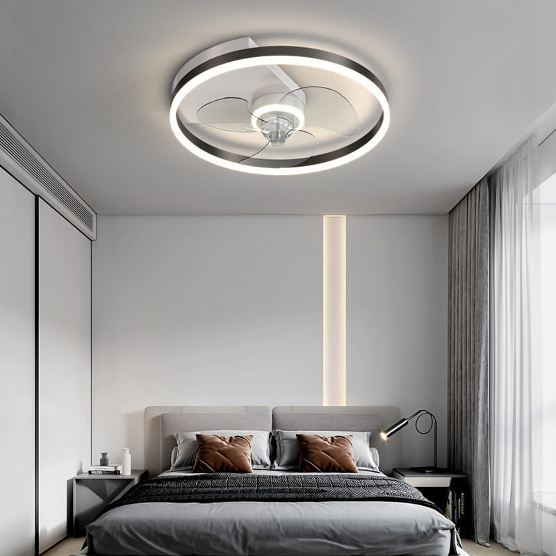 Modern circular ceiling fan lamp with integrated led lighting in sleek chrome and white design for quiet simple modern nordic interiors.