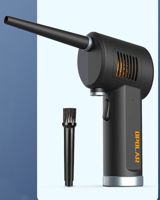 Black opolar household mini vacuum cleaner with a slender nozzle and brush attachment, featuring an ergonomic grip and ventilation slits on the body for efficient household mini cleaning.