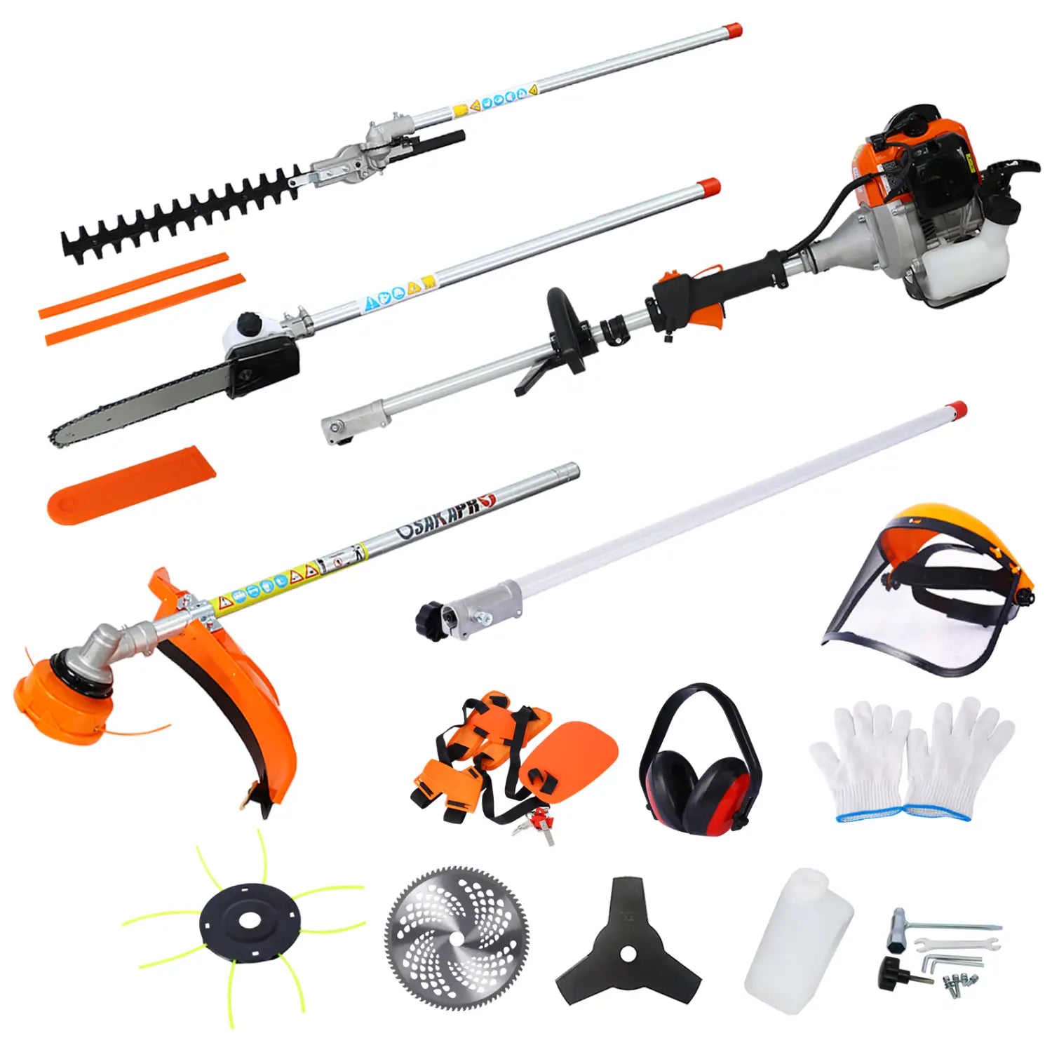 Orange and black gas-powered hedge trimmer and brush cutter multi tool set with plastic pruning tools and interchangeable attachments for garden maintenance.