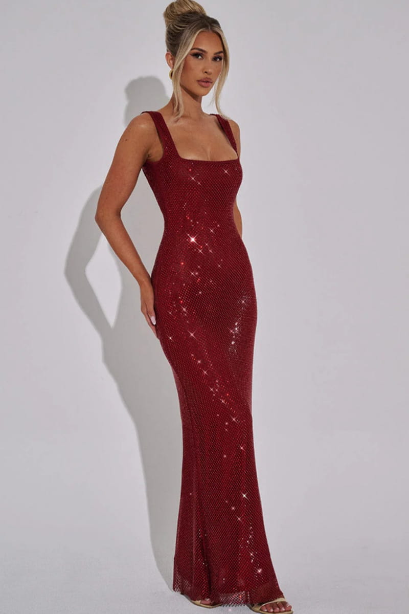 A shimmering burgundy strap sequins net drill suspenders gown featuring a square neckline and thin straps.