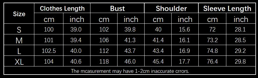 Size chart table for beige double breasted belt winter fashion trench coat displaying measurements in cm and inch for sizes s to xl in this winter fashion solid color garment.