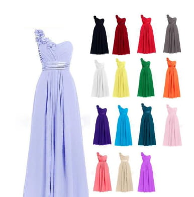 a lavender multi colored slanted neck sleeveless maxi dress featuring a one-shoulder ruffled neckline and a pleated skirt