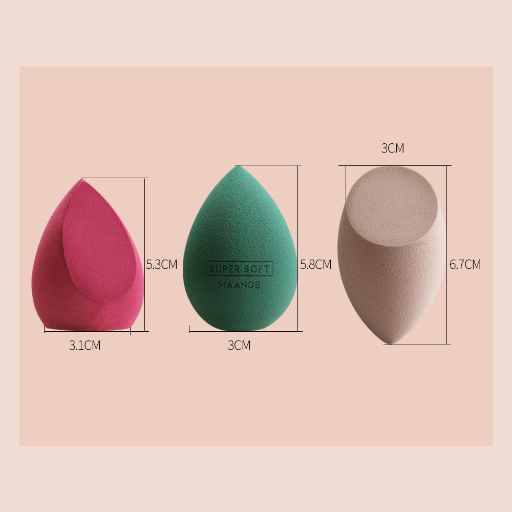Three teardrop-shaped spherical beauty egg makeup sponges in pink teal green and beige with a matte finish and super soft texture.