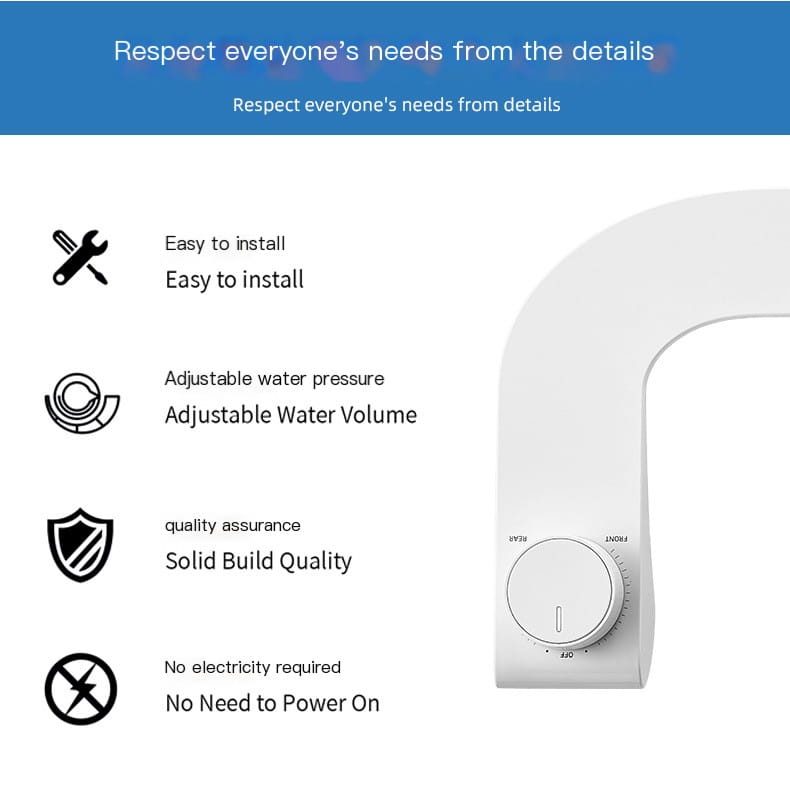 white plastic ultra-thin dual nozzle bidet toilet cleanser seat with a circular control dial for adjustable water pressure and volume in a toilet cleanser image