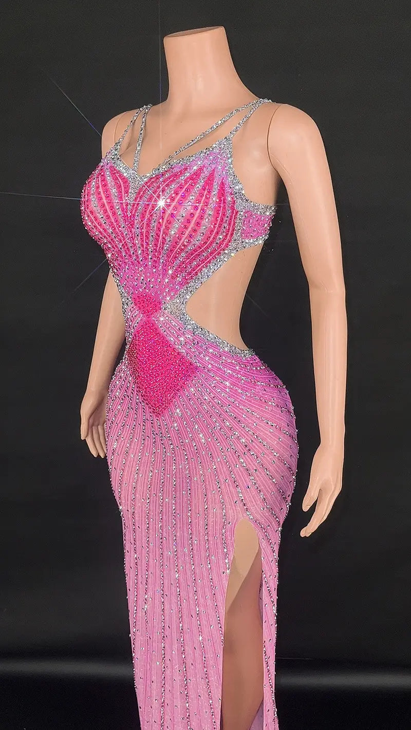 a dazzling pink and silver ballroom gown featuring a fitted silhouette and intricate sequin detailing with a high slit, designed as the sling super shiny light diamond beaded evening gown